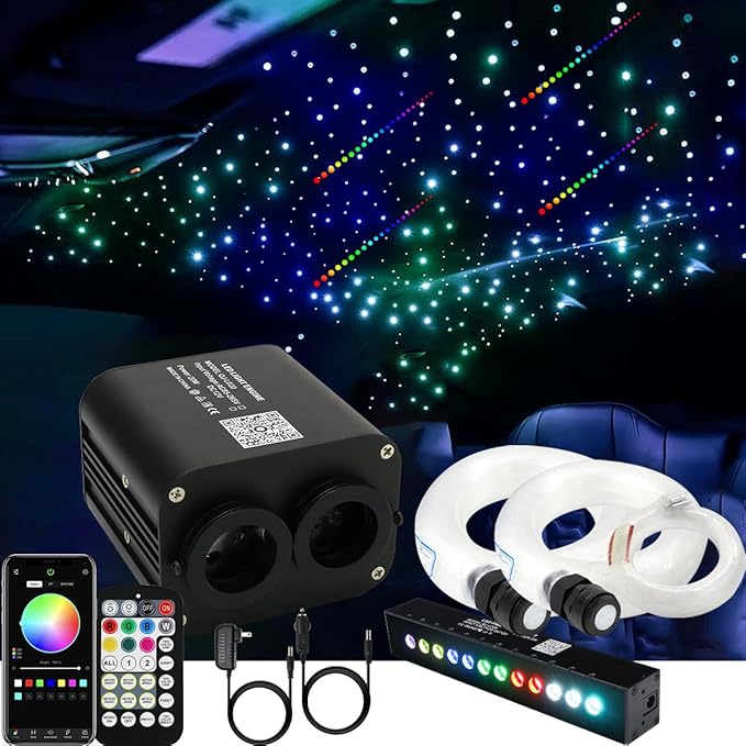 AZIMOM Dual Color 20w Twinkle Fiber Optic Starlight Headliner Kits 1200pcs 0.03in 13.1ft, RGB Meteor Shooting Star, Sound Activated Remote APP Control Home Car Ceiling Décor