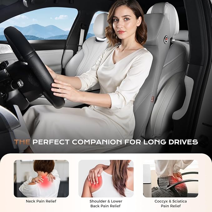 Coverado Memory Foam Car Seat Cushion and Lumbar Support Headrest Pillow, 2-in-1 Integrated Ergonomic Back Support Neck Pillow, Breathable Seat Cushion for Sciatica Back Tailbone Pain Relief, Gray