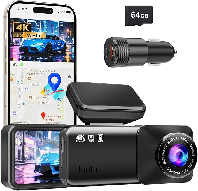 4K Dash Cam Front, Built-in 5.8G WiFi, Free 64GB Card & 48W A+C Car Charger Included, Dash Camera for Cars, Mini Dashcam with Super Night Vision, Loop Recording, G-Sensor, 24 Hours Parking Monitor