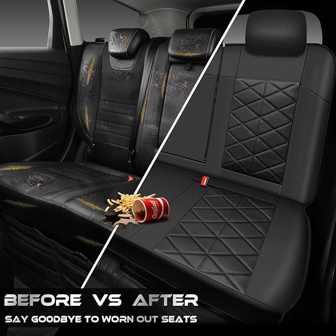 CAR PASS Nappa Leather Back Seat Cover Memory Foam, Luxury Breathable Faux Leather Bench Rear Seat Cover, Thick 3D Foam Zipper Split Backseat Cover Universal Fit for Cars, Trucks, Sedans, SUV, Black