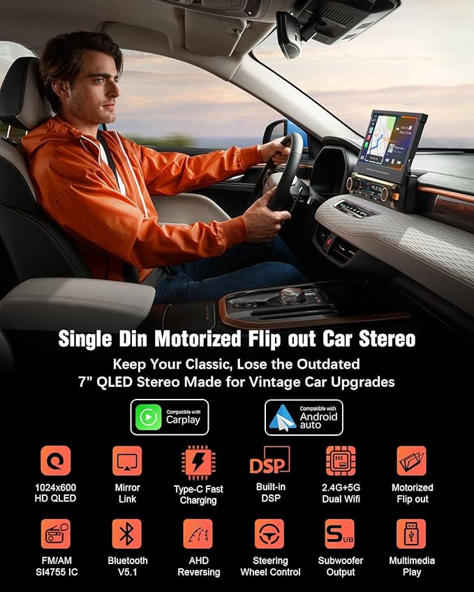 【SOOEMAKA】 Single Din Touchscreen Radio with Wireless Carplay&Android Auto,7 inch QLED Motorized Flip Out Car Stereo Upgrade PD/QC 3.0 Type-C Fast Charging/Dual WiFi/Bluetooth 5.1/AM/FM/DSP (Flip)