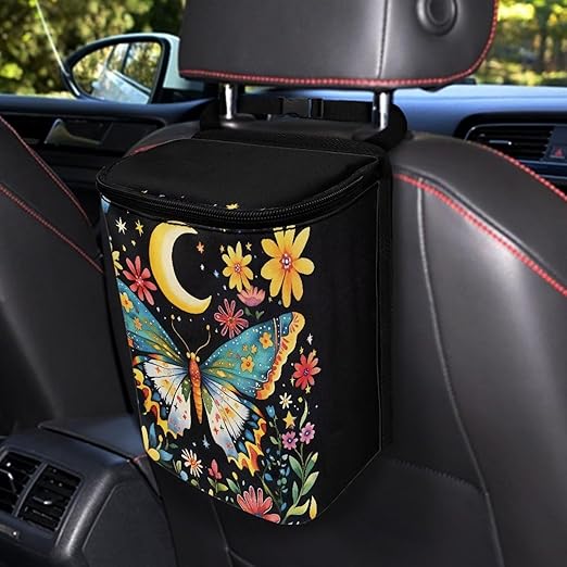 Moon Florak Butterfly Car Trash Can with Lid, Cute Leakproof Car Trash Garbage Bag Hanging Vehicle Trash Bin Small Portable Automotive Garbage Cans Organizer for Back/Front Seat/Console