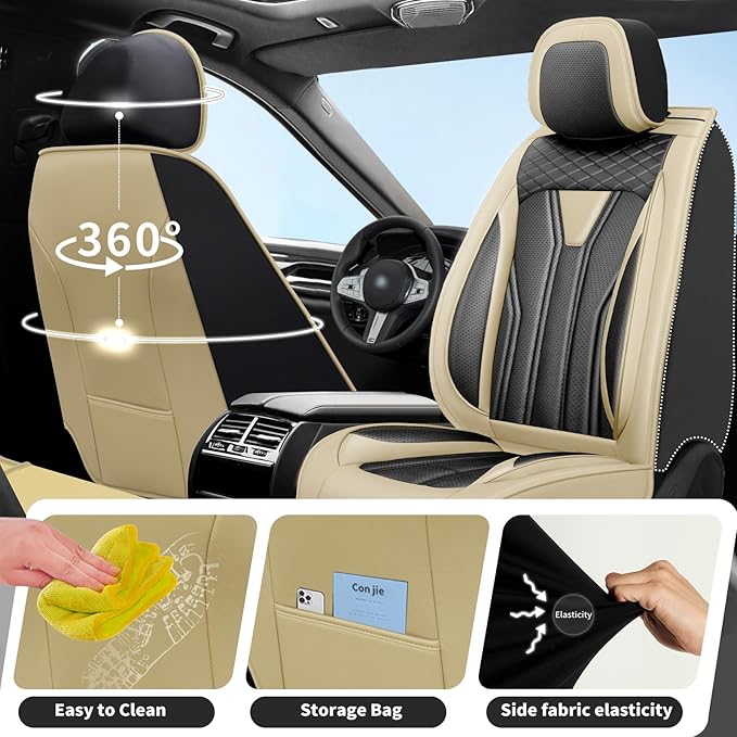 Fit Tucson Car Seat Covers Premium Leather for Hyundai Tucson 2010-2025 2026. Waterproof， Breathable, Scratch-Resistant & All-Weather Seat Cushion Protector (Front Seat, Beige&Black)