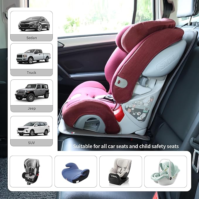 Car Seat Protector Leather Waterproof Child Safety Seat Protector Cover with Thick Pad and 2 Large Pockets Durable Kick Mat for All Auto Seat (Brown)
