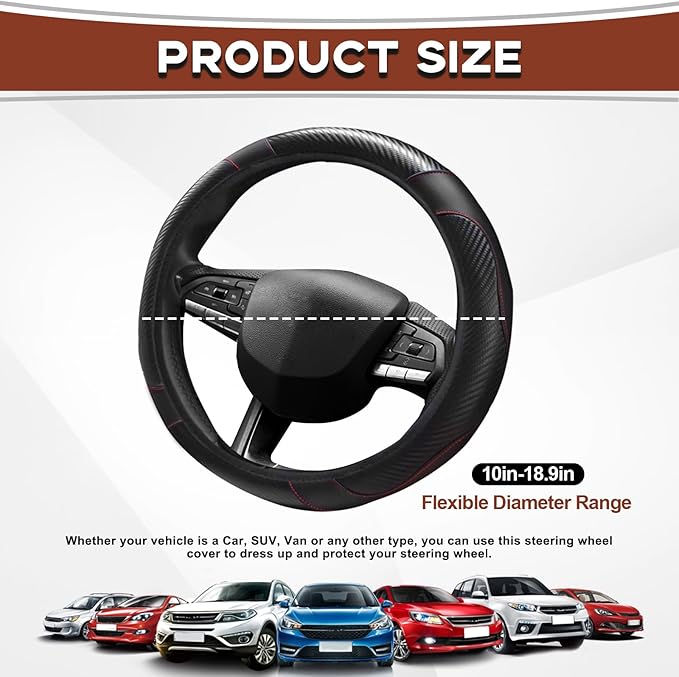 15" Car Steering Wheel Cover, Carbon Fiber Leather Stitching Elastic Steering Wheel Protector, Anti-Slip/Breathable/Durable/Soft, Interior Accessories for Most Cars (Carbon Fiber Black+Black)
