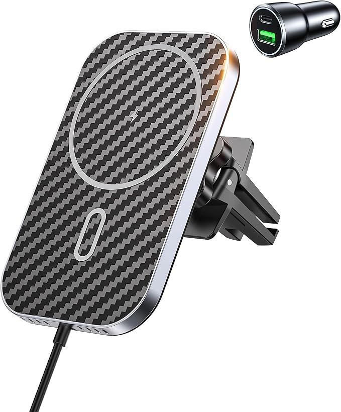 Mukiya for MagSafe Car Mount Charger with Adapter, 360° Rotation Magnetic Wireless iPhone Car Charger for Air Vent, Compatible with iPhone 17/16/15/14/13/12 Series (Carbon Black)