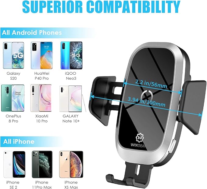 WixGear Wireless Car Charger, Auto-Clamping Fast Wireless Car Charger, Cup Phone Holder for Car, 10W Qi Fast Charging Compatible iPhone 11, Xs/MAX/XS/XR/X/8/, Samsung S10/S9/S8 Full Automatic Arms