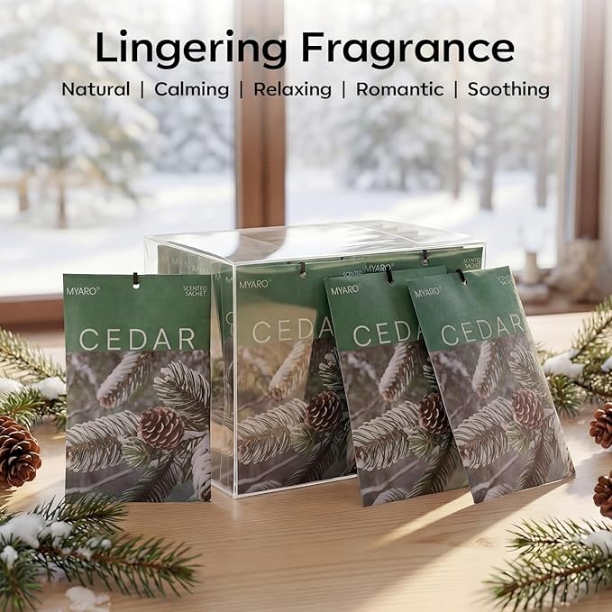 MYARO 20 Pack Cedar Scented Sachets - Woody Aroma Freshener Bags for Closet, Drawer & Car, Odor Eliminator for Clothes, Small Storage - Home Fragrance Potpourri Bags