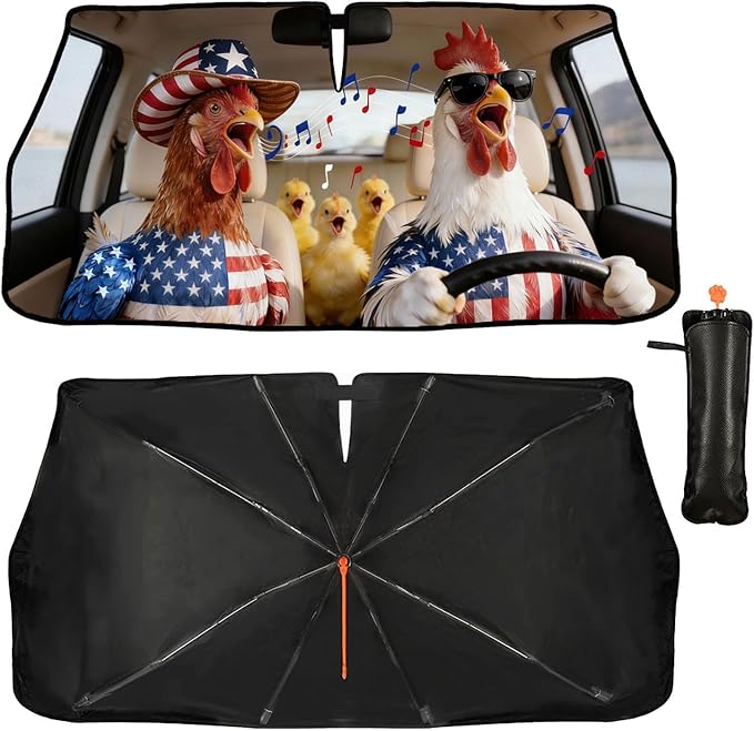 American Flag Chicken Car Windshield Sunshade Umbrella Funny Rooster Singing Sun Shade for Car Windshield Umbrella Upgraded Sunshades Blocks UV & Heat Front Window Shades for SUV Sedan Auto