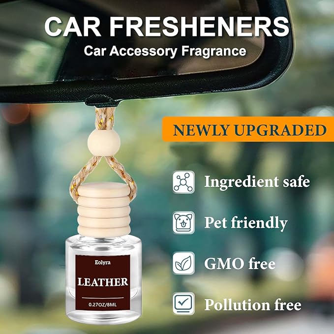 Hanging Car Air Freshener (Pack of 3) : Luxury Car Perfume for Women Men | Cute & Wooden Lid Reusable Bottle with 45+ Days Long-Lasting Scent for Auto Interio, Leather