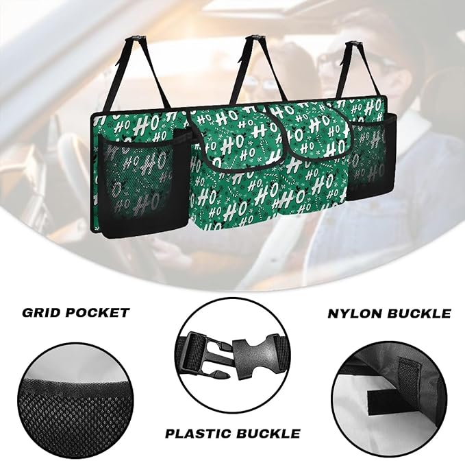 Green Christmas Car Trunk Organizer Bag Car Back Seat Storage Bag with 4 Pockets Automotive Interior Accessories for SUV MPV Sedans Pickup Jeep Trucks