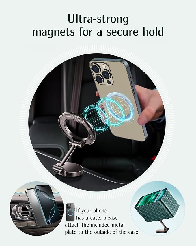 AAF for MagSafe Car Mount, Ultra-Strong Magnetic Phone Holder for Car &Bed &Desk Compact Dashboard Windshield, All Metal 360°Free Rotation [One-Hand Adjustable] Foldable, Easy Setup for iPhone Android