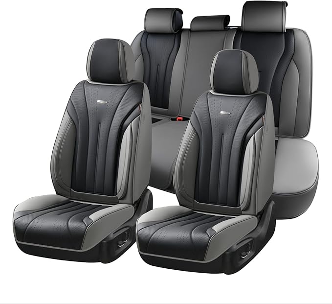 Coverado Front and Rear Seat Covers, Automotive Seat Cover Full Set, Waterproof Leather Seat Cover, Luxury Seat Cover for Cars, Universal Seat Cushion Car Seat Protector Fit for Most Cars(Gray&Black)