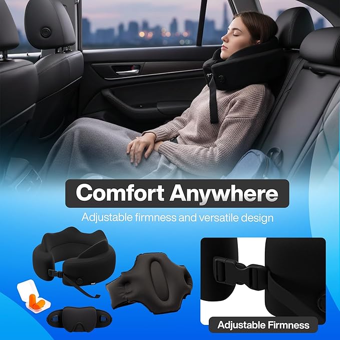 4-in-1 Travel Set – Inflatable Neck Pillow, Convertible Lumbar Support & Foot Hammock, 3D Sleep Mask & Ear Plugs – Complete Comfort Kit for Airplane, Office & Car – Gift-Ready (Black)