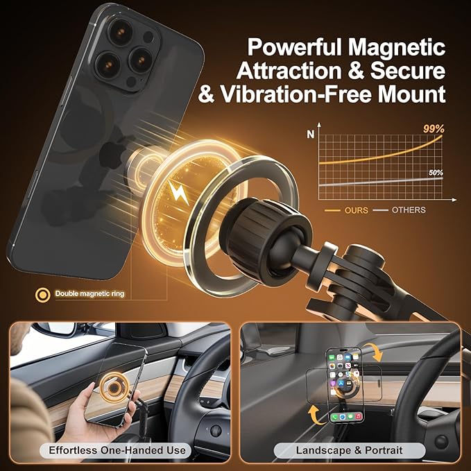 Aukee Phone Mount for Tesla Model 3 and Model Y, Easy Installation andFoldable 360° Adjustable Strongest Magnet Power Tesla Phone Holder Fit for All MagSafe iPhone and Phone with Metal Ring, 1PCS