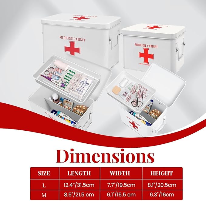 Flexzion First Aid Box Organizer Empty 13" White Vintage First Aid Kit Tin Metal Medical Box - First Aid Storage Box Container Bins with Dividers, Removable Tray and Red Cross Logo