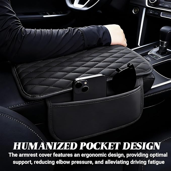 Car Center Console Cover, Upgraded Microfiber Car Armrest Cover Cushion, with 2 Storage Bags Scratch, Resistant Leather Cars Armrest Storage Box Universal Vehicles Accessories (Black)