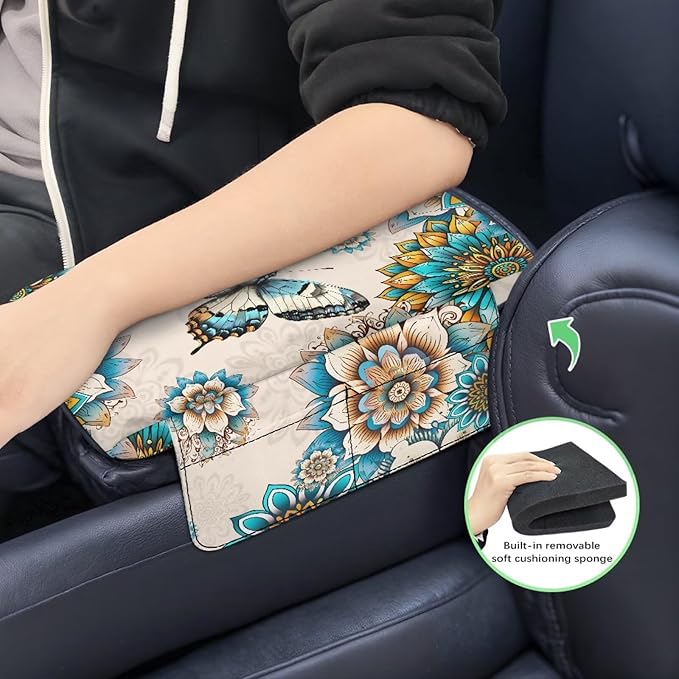 Dreaweet Thick Center Console Cover Boho Butterfly Car Arm Rest Cover for Women Car Armrest Storage Box Mat Soft Comfy Arm Rest Cushion Pads for SUV Truck Sedan Vehicle