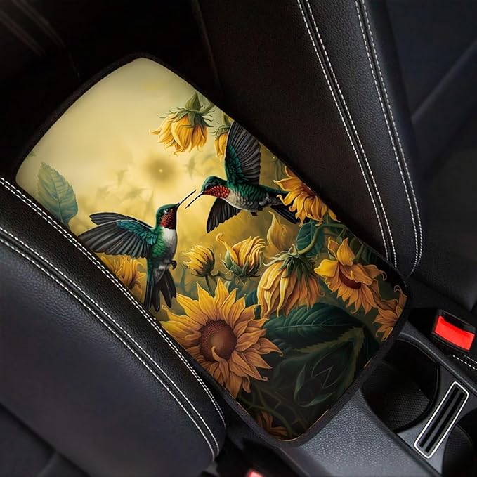 Floral Hummingbird Car Center Console Armrest Cover for SUV Vehicles Soft Comfortable Armrest Box Cover Center Console Pad Universal Fit Aiuomotive Accessories