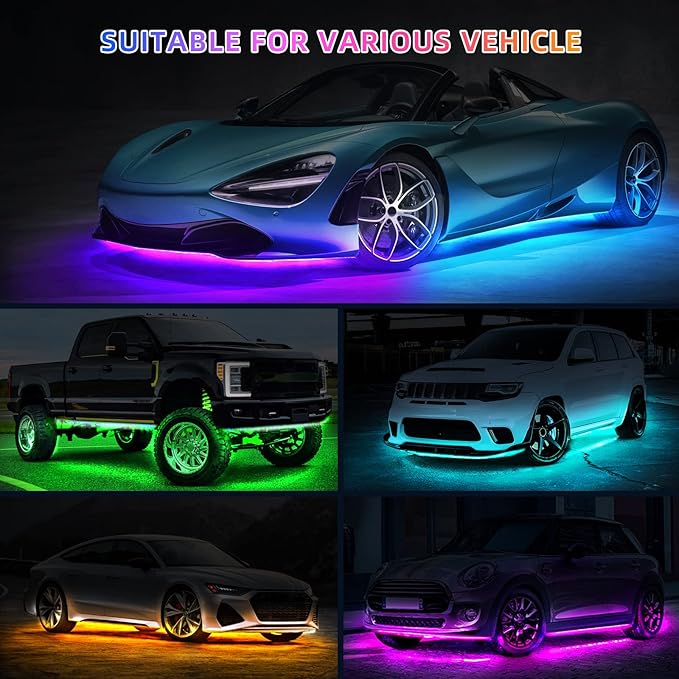 4 Pcs RGB Underglow LED Lights for Cars Truck SUV Golf Cart UTV ATV, 12V Waterproof Multicolor Underbody Neon Accent Strip Lights Kit with APP/RF Remote Control, Music Sync, Brake Lights