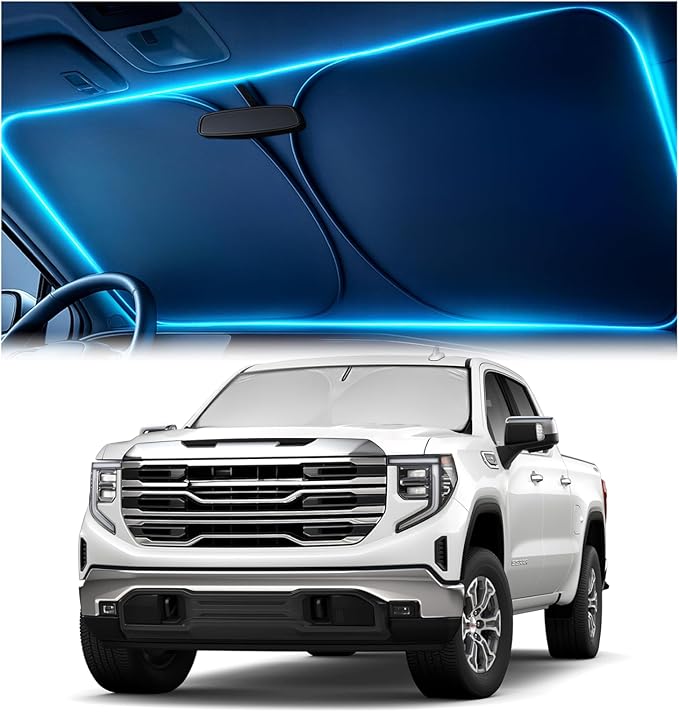 Windshield Sun Shade for GMC Sierra 1500 2500 3500 (SLT AT4 Denali) 2019-2026 – Custom Fit Sun Shield with Mirror Cut‑Out, Blocks Heat & UV, Foldable - GMC Sierra Windshield Sunshade