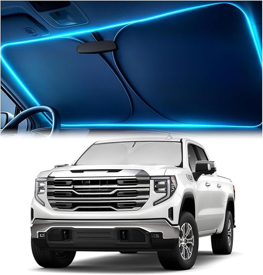 Windshield Sun Shade for GMC Sierra 1500 2500 3500 (SLT AT4 Denali) 2019-2026 – Custom Fit Sun Shield with Mirror Cut‑Out, Blocks Heat & UV, Foldable - GMC Sierra Windshield Sunshade
