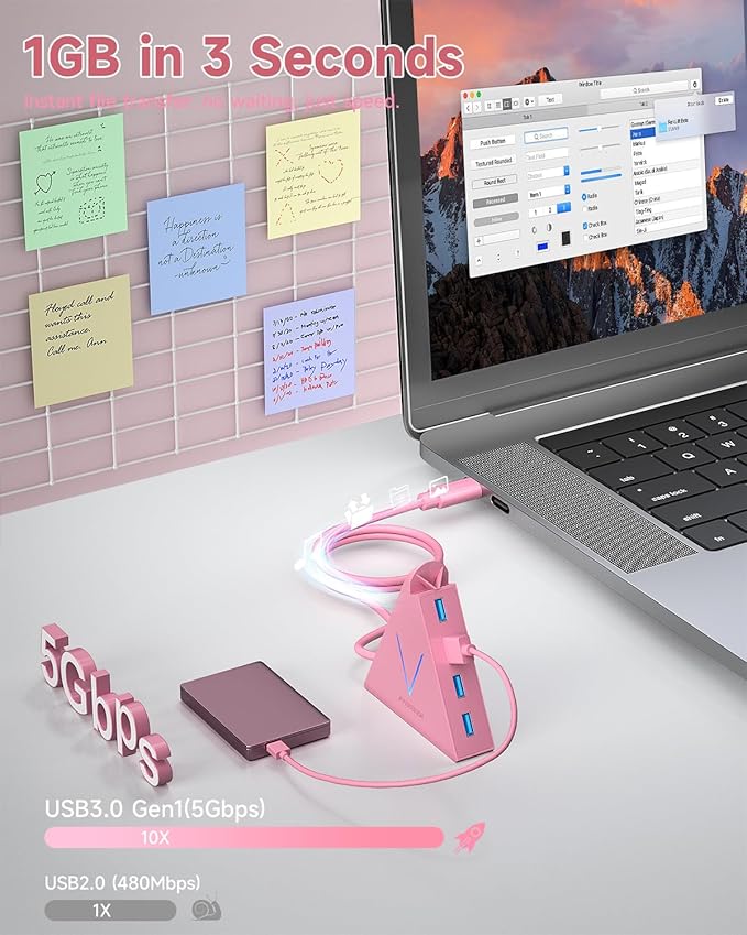 USB C Hub, Type C to 4 USB 3.0 Ports with 2 FT Extension Cables,Thunderbolt to USB Hub Adapter for iPad Pro/Air, MacBook Pro, Mac mini, iMac, Surface,XPS, Mouse, External Hard Drives(Pink)