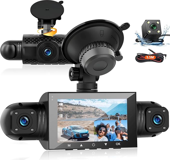 Podofo 360° Dash Cam Front and Rear Inside,4 Channel 3" IPS Touchscreen Dash Cam Front and Rear Inside Left Right,4*1080P Dash Camera with 8 IR Night Vision,Loop Recording,G-Sensor,24 Hours Recording