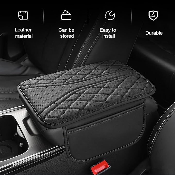 Car Center Console Cover, Leather Automotive Armrest Cushion with 2 Storage Bags, Breathable Armrest Cover, Universal Waterproof Arm Rest Protection Pad for SUV, Sedan, Truck (Black)