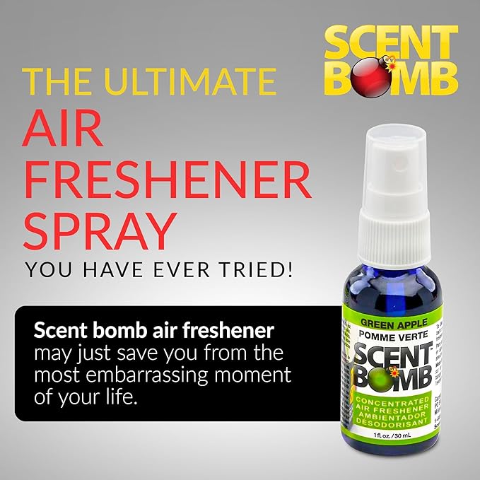 Scent Bomb Air Freshener Spray, Long-Lasting Odor Eliminator - Effective Deodorizer for Home & Car, Fresh Room Spray for Kitchen, Bathroom & Smell Neutralizer - 1 oz Pack of 4, Green Apple Scent