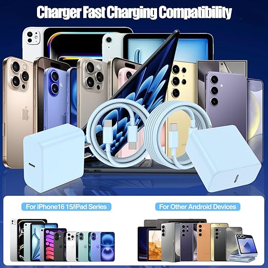 USB C Fast Charger for iPhone 17/ Air/16/15 Pro Max,2Pack 10FT Type C Charger Block & Cable, PD 3.0 Super Fast Charging for iPad Pro MacBook Air/Pro M1/M2, AirPods-Blue