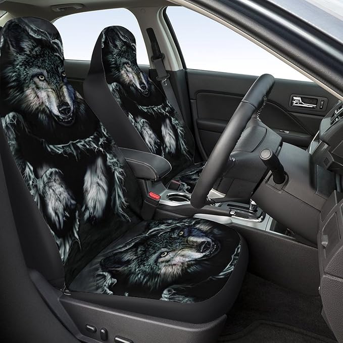 2 Pcs Premium Wolf Car Seat Cover, Breathable & Washable Car Seat Covers Full Sets, Fashionable Printed Seat Covers for Cars Interior, Universal Fit for Most Cars, Sedan, Truck, SUV