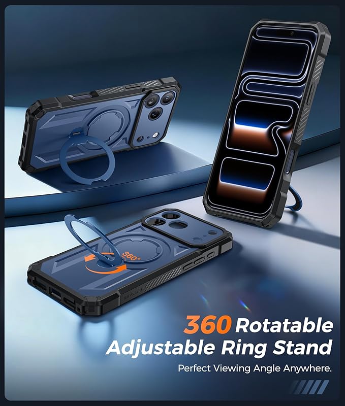 FNTCASE for iPhone 17 Pro-Max Case: [360 Spin Magnetic Ring Kickstand] [Compatible for MagSafe] [Screen Protector] Heavy Duty Military Grade Protection Protective Phone Case with Stand Blue