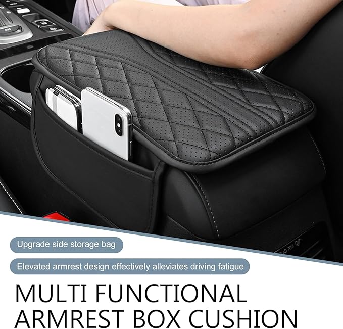 Car Center Console Cover, Leather Auto Armrest Cover with 2 Storage Bags, Universal Cars Armrest Cushion, Vehicle Interior Accessories Protector for Sedan, SUV, Truck (Black)