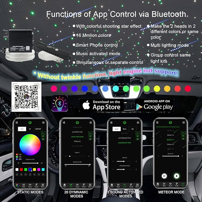 Small Size AKEPO 32W Dual-Head Different Color APP Fiber Optic Lights with Meteor Effect, 1100pcs of 0.03in 13.1ft Optical Fibers +RGBW Music Activated Fiber Optic Star Ceiling Light Kit for Car/Home