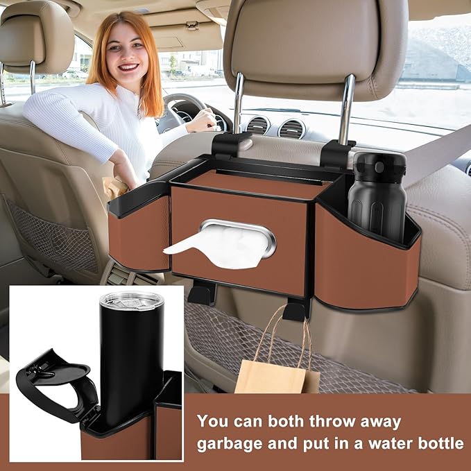 7-In-1 Car Seat Back Organizer with Cup Holders, Tissue Box, Garbage Can&Hooks, Multifunctional Headrest Storage Organizer, Headrest Cup Holder for Backseat, Car Accessories for Trips, Travels(Brown)