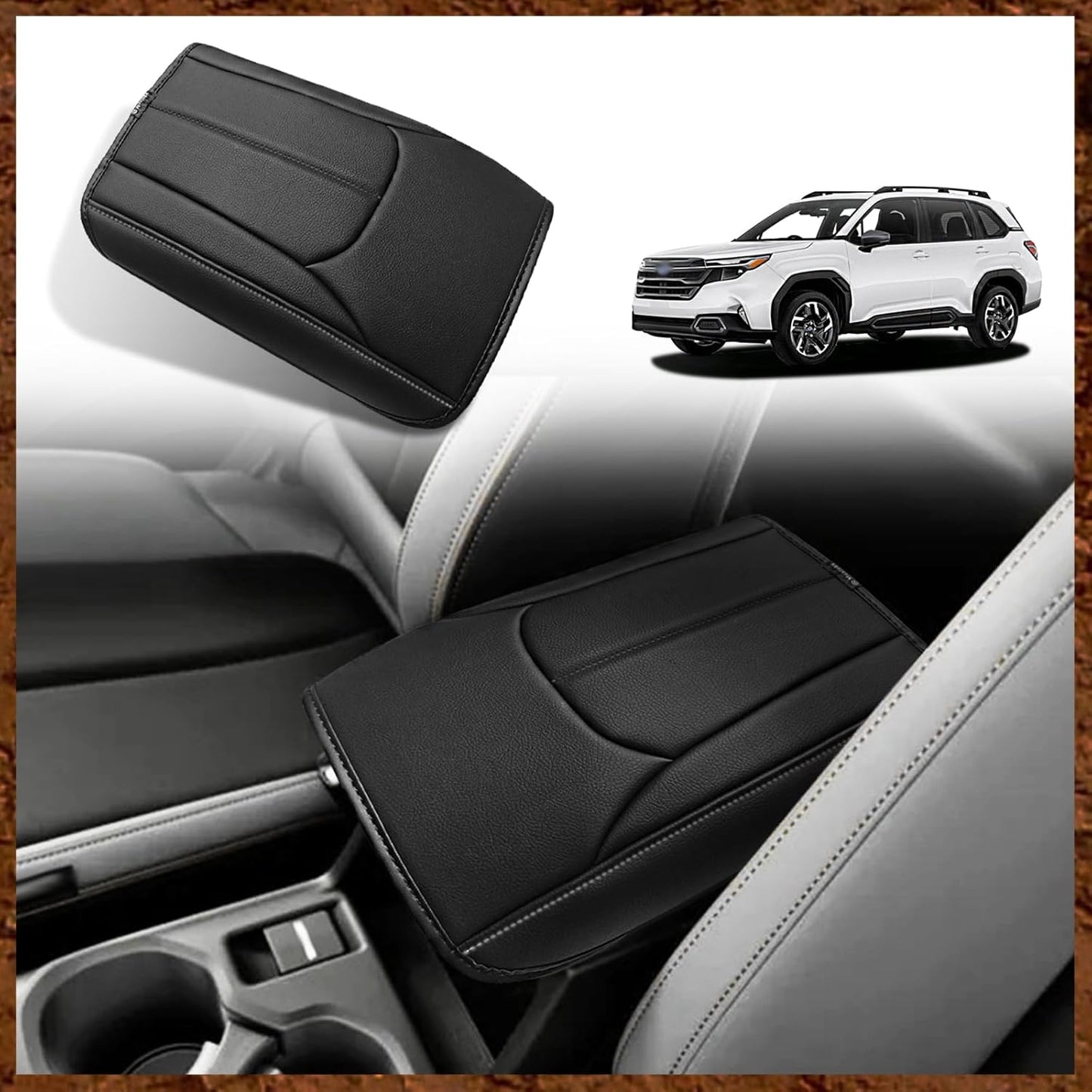 Muslogy Center Console Cover Compatible with Subaru Forester 2025 Accessories Armrest Cover Lid Cushion Protector Anti-Scratch Vegan Leather Extra Soft (Black/Gray Stitching)