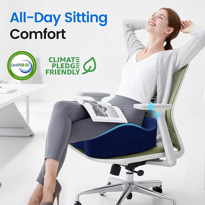 Seat Cushion with Carry Handle, Memory Foam for Tailbone/Sciatica Easing, Chair Cushions for Cars, Desks, Office Chair Cushion with Non-Slip Design, Ideal for Post-Surgery Recovery (Blue)
