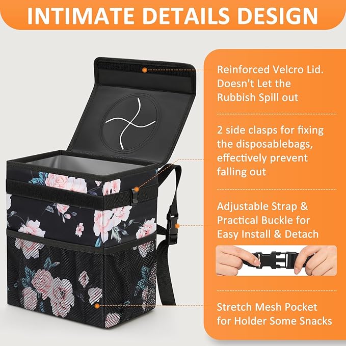 Vankor 3 Gallons Car Trash Can with Lid, Car Bag Bin Hanging Waterproof Automotive Garbage Cans Leak Proof Vehicle Trash Can Black Floral