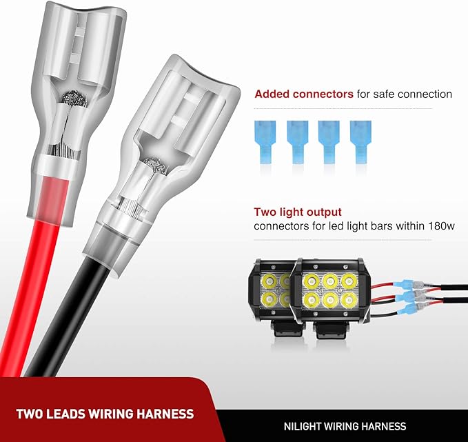 Nilight LED Light Bar Wiring Harness Kit Motorcycle Handlebar Push Button Switch 16AWG 2 Leads 12V On Off for ATV UTV Driving Lights 7/8inch