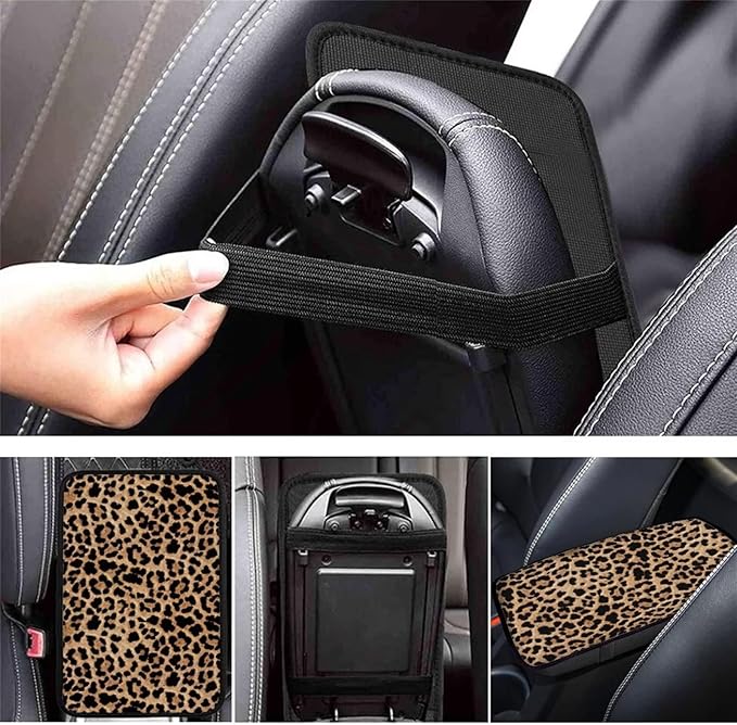 Dreaweet Brown Leopard Print Center Console Armrest Cover for Car, Wild Cheetah Print Armrest Cushion Cover Pad, Auto Car Accessories Universal Fit for Sedan, Truck, SUV Soft Car Armrest Cover