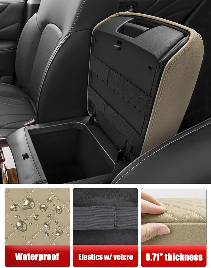 KBH Center Console Armrest Cover for Infiniti QX56, QX80 2011-2017, Interior Accessories, Middle Console Lid Cushion, Arm Rest Cover Protector, Vinyl Leather, Beige