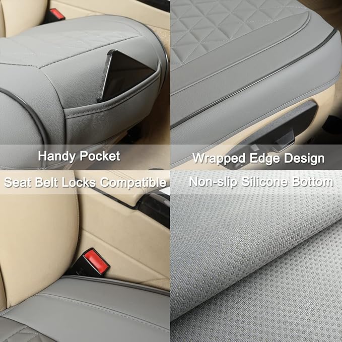 Black Panther Luxury Faux Leather Car Seat Cover for Front Bottom Seat, Anti-Slip and Wrap Around The Bottom, Fits 95% of Vehicles - 1 Piece,Light Gray