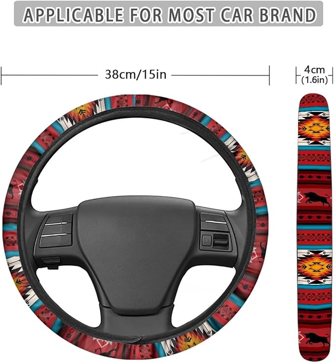 SEANATIVE Car Steering Wheel Cover for Men Breathable Anti Slip Auto Steering Wheel Covers fit Standard Size 15inches, Red Aztec Horse Print
