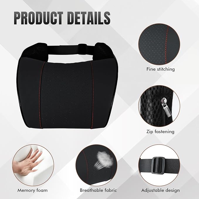 Car Neck Pillow with Memory Foam, Soft Comfortable Headrest Pillow for Driving, Ergonomic Design, Auto Seat Neck Support Pillows Head Rest Cushion with Breathable Leather Cover (Black)