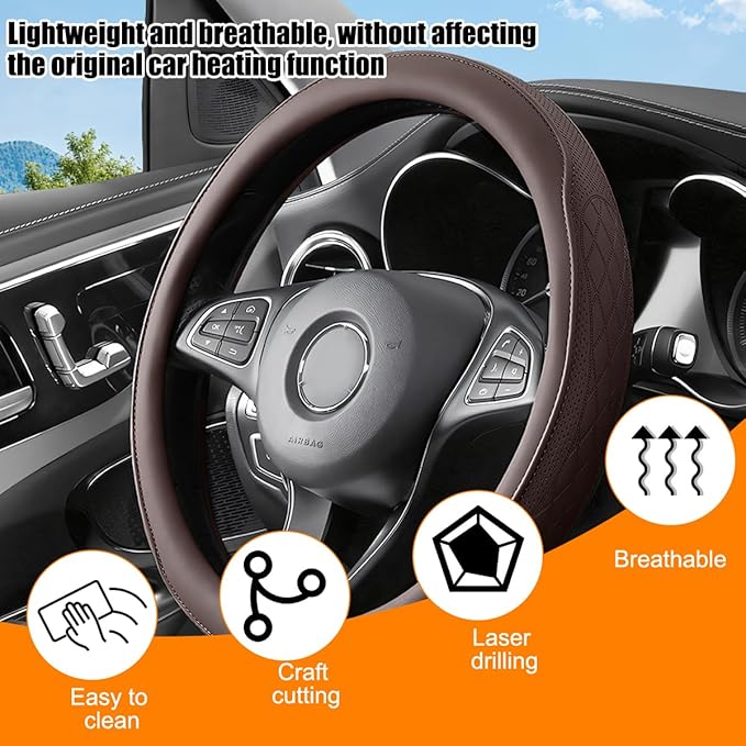 Car Steering Wheel Cover, 14.5-15" Breathable Soft Leather Vehicle Steering Wheel Protector with Anti-Slip Lining, Comfortable Auto Interior Decoration Accessories, Universal Fit (Coffee)