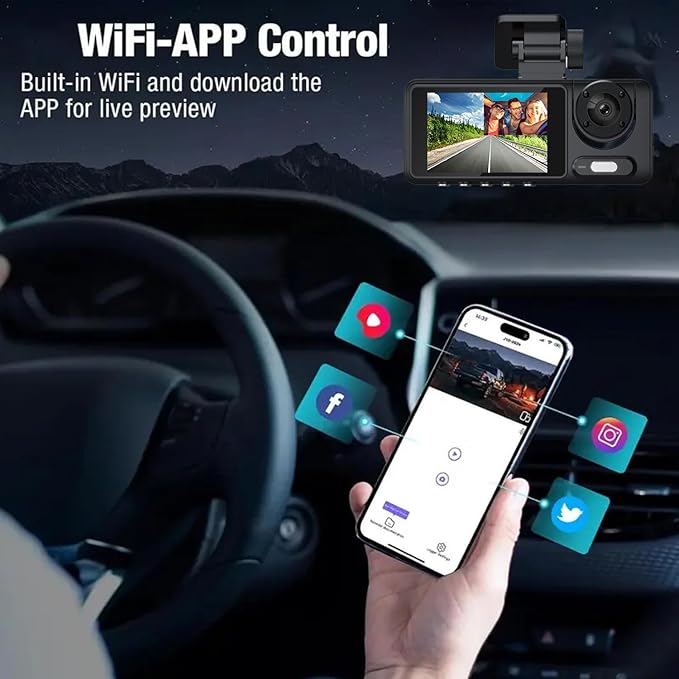 Dash Cam，3 Channel Dash cam, Full HD Dash Camera for Cars, Free 64GB SD Card, 2”IPS Screen, Night Vision, WDR, Parking Monitor, Loop Recording, Accident Lock, Motion Detection