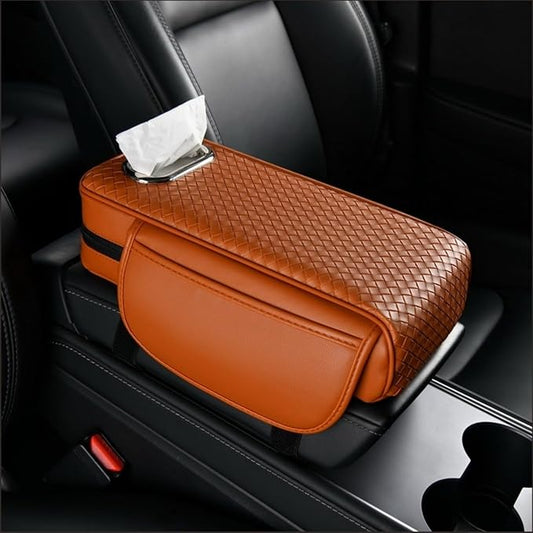 Car Armrest Cushion Cover Car Center Console Memory Foam Booster Pad with Storage Pocket and Tissue Hole for Sedan Vehicle (Orange, 12.99 * 7.09 * 2.95'' / 33 * 18 * 7.5 cm)