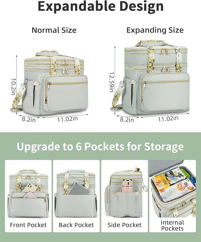 HSHRISH Lunch Box for Women, Double Deck Expandable Insulated Large Lunch Bag Women Leakproof Lightweight Lunch Cooler Bag Durable Lunchbox for Work Outdoor Travel, Green