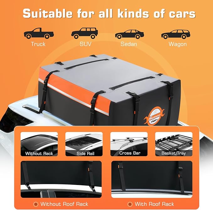 Sailnovo Rooftop Cargo Carrier 15 Cubic Feet, Waterproof Car Roof Bag Top Luggage Storage with Slip Mat, 4 Door Hooks & Heavy-Duty PVC for All Vehicle Roof with/Without Rack Cross Bar Orange